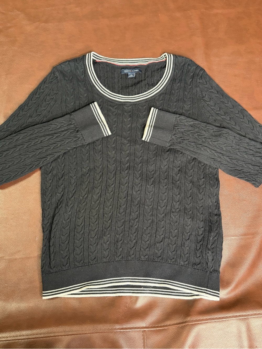 Tommy Hilfiger women’s Black Cable-Knit Sweater with Stripe Trim
